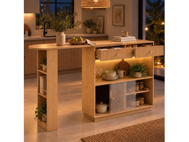  Îlot de cuisine bar extensible pivotant avec rangement led homvra  - Conforama C