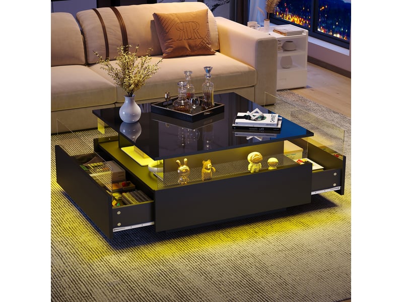  Table basse avec 2 tiroirs, espace transparent et led, pour salon, 70 × 70 × 41 cm, en panneau de particules, noir  - Conforama C