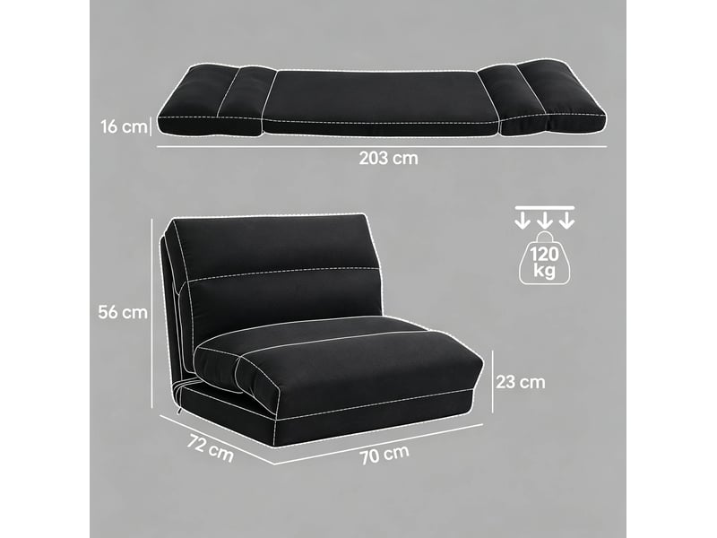  Fauteuil de sol convertible modenvie inclinable en tissu polyester noir, 70 x 72 x 56 cm, lit 70 x 203 cm  - Conforama C