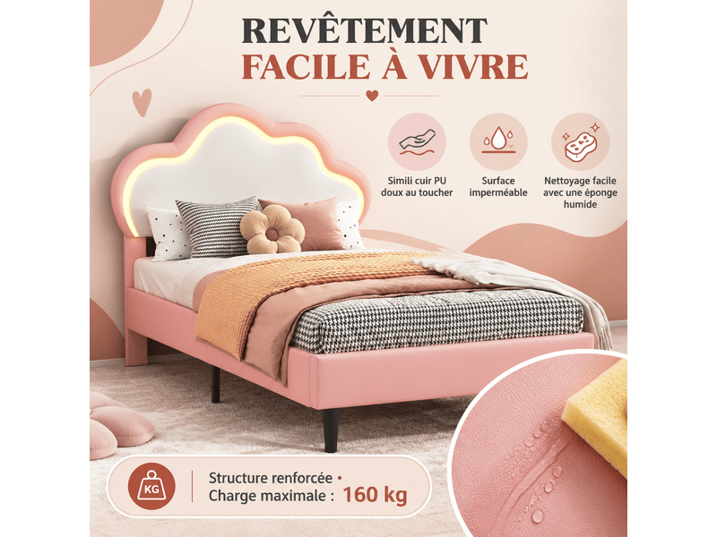  Lit enfant fille 90x200 avec led, lit princesse avec tête de lit en nuage, lits 1 personne pour fille adolescent, , pu, sans matelas, rose  - Conforama R