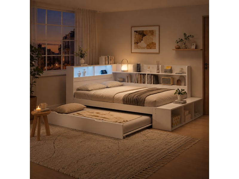  Lit coffre - lit en bois 120 x 200 cm, lit coffre blanc, lit fonctionnel avec lit gigogne 90 x 190 cm  - Conforama W