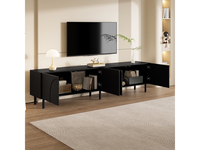  Meuble tv 180x35x49 cm - meuble bas à façade ondulée 3d, 4 portes, 2 espaces de rangement séparés, pieds en métal  - Conforama B