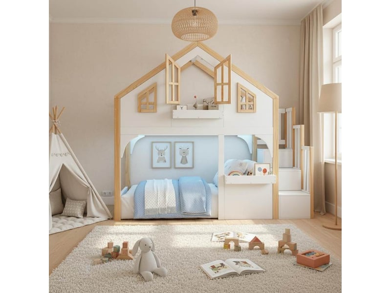 Lit superposé enfant 90x200 cm avec led, escalier de rangement, blanc et bois - Conforama D