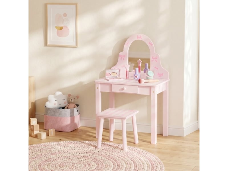  Coiffeuse enfant 2 en 1 55x34x82 cm rose en bois d'ingénierie, miroir amovible et tabouret pour fille de 3 à 6 ans  - Conforama D