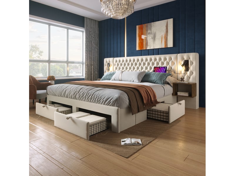  Lit double, 160x200 cm, doté de solutions de rangement, rechargement usb type c, matelas inclus, velours, coloris beige  - Conforama D