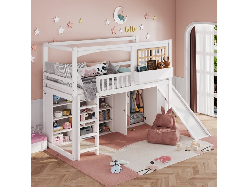  Lit mezzanine enfant 90 x 200 cm avec toboggan, armoire et étagères blanc naturel  - Conforama E