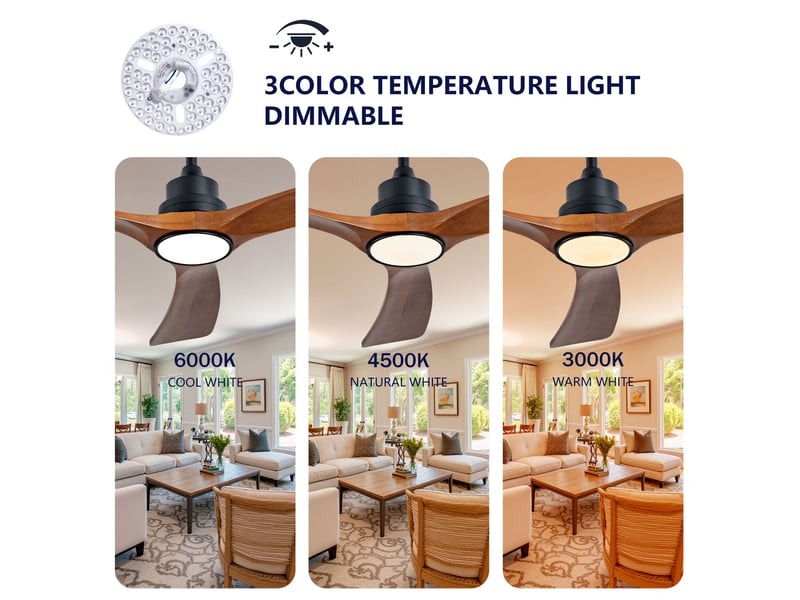 Ventilateur de plafond 132 cm éclairage led 3 pales bois massif noir et noyer foncé réversible 6 vitesses télécommande silencieux - Conforama C