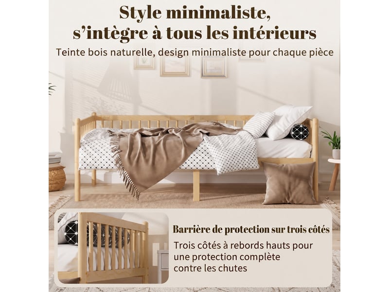  Lit de repos 90 x 200 cm en pin avec barrières 3 côtés, 14 lattes, finition naturelle  - Conforama B