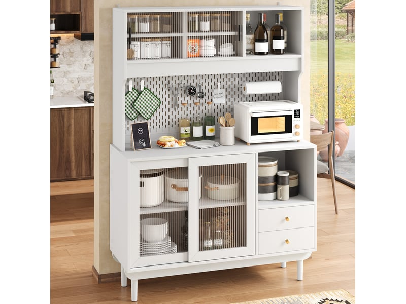  Buffet de cuisine avec 4 portes coulissantes et 2 tiroirs, 117x30x170 cm, blanc  - Conforama B