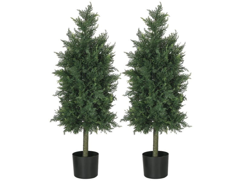  Lot de 2 cèdres artificiels en pots en plastique pp, plantes artificielles en acier et ciment avec feuilles en pe, 38 x 12,5 x 90 cm, vert  - Conforama B