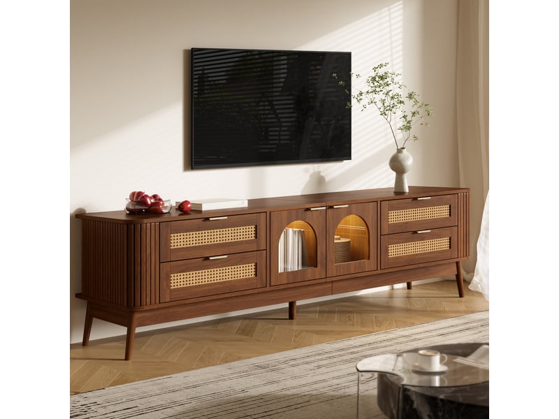  Meuble tv 4 tiroirs, 2 portes en verre de sécurité et led pilotable par application, pour salon 180×40×50 cm  - Conforama B