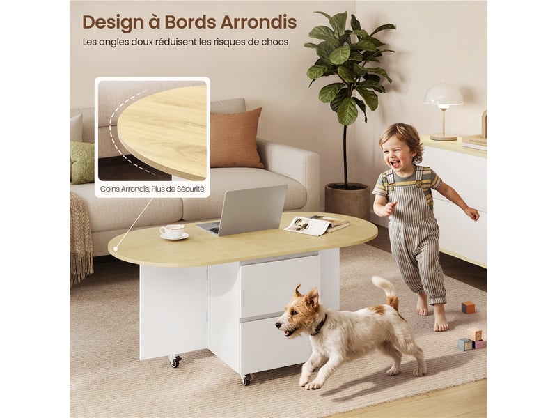  Table basse extensible 3-en-1 4080120x60x50,5 cm avec roulettes et rangement 616416 White/Oak - Conforama D