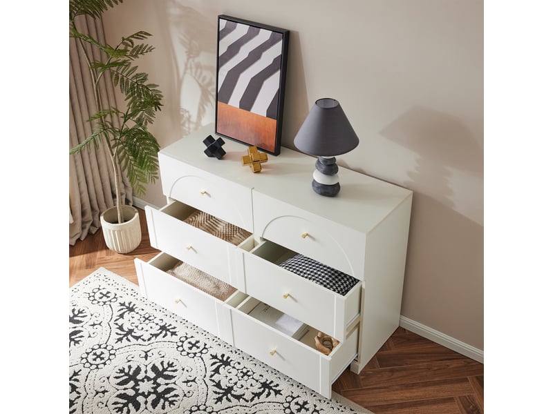  Commode 6 tiroirs, 120x40x82 cm, buffet meuble de rangement pour chambre et salon, style romantique chic en bois, blanc  - Conforama C