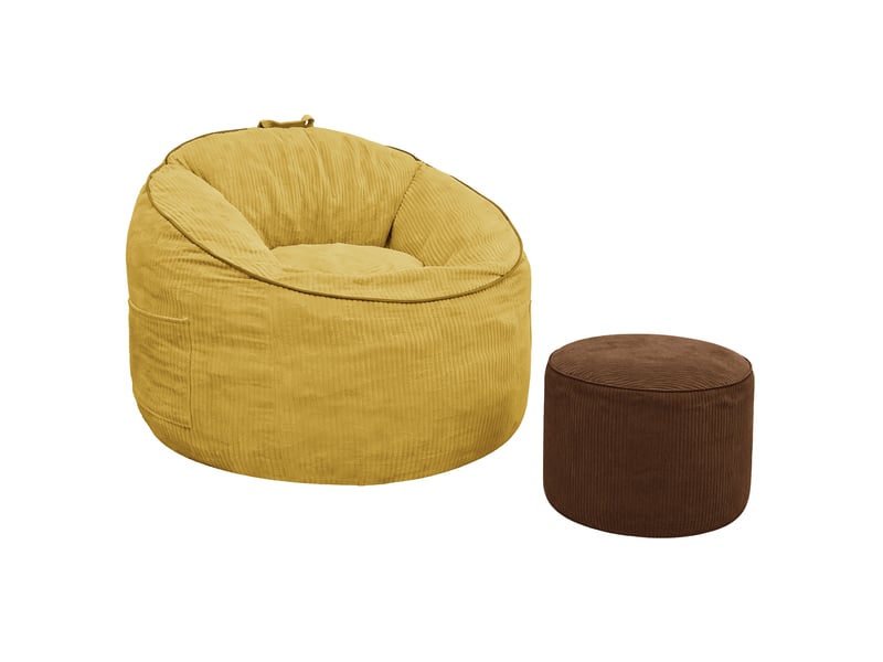 Fauteuil poire ergonomique en tissu jaune avec poche de rangement et repose-pieds assorti pour détente à la maison - Conforama A