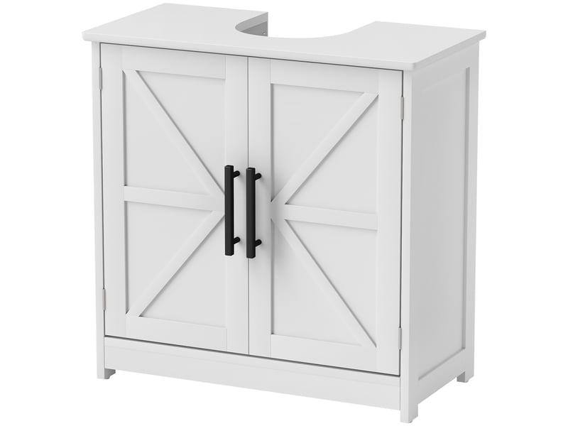  Meuble sous lavabo, meuble de salle de bain avec 2 portes magnétiques style grange et étagères, 60 x 30 x 60 cm, blanc  - Conforama B