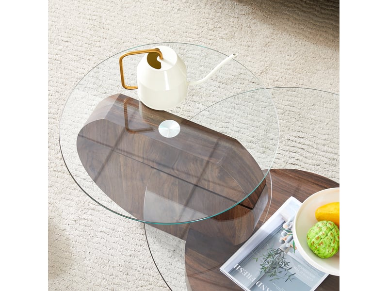  Table basse moderne minimaliste, table d'appoint ronde, plateaux en verre trempé, transparentnoyer  - Conforama R