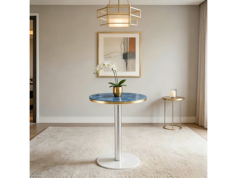 Table d'appoint ronde avec plateau en mdf effet marbre et piètement métal, bord doré, pour salon, chambre ou balcon, bleue  - Conforama C