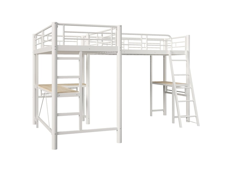 Lit mezzanine blanc 90 × 200 cm, bureau sous le lit, double escalier et garde-corps haut - Conforama D