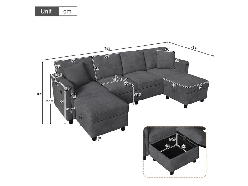 Canapé d'angle moderne ,4 places, avec 2 tabourets de rangement et 2 coussins décoratifs ,261 × 134 × 82 cm,gris - Conforama C