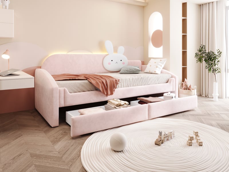 Lit banquette enfant 90 × 200 cm, 2 tiroirs, coussin lapin, côtés rembourrés, led, sommier à lattes, velours rose  - Conforama B