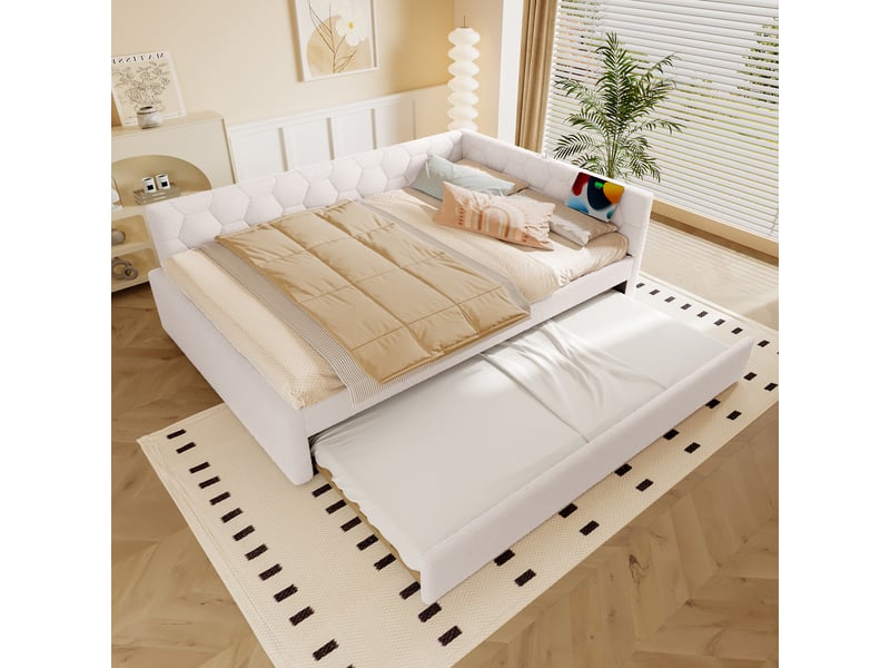  Lit jour avec tiroir en velours blanc 145x208 cm  - Conforama D