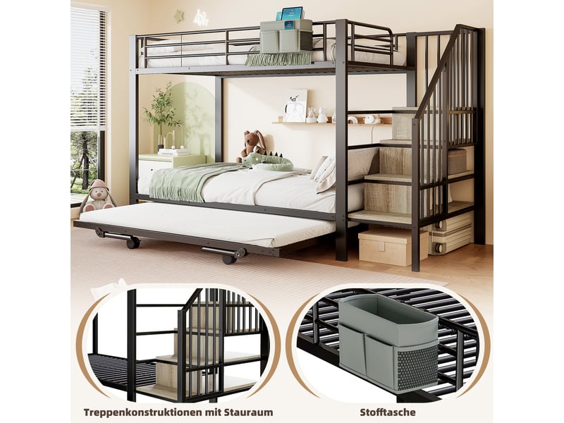  Lit superposé 90x200 + 180x200 cm avec lit gigogne, lit enfant avec espace de rangement, lit 2 personnes en noir, structure en fer  - Conforama R
