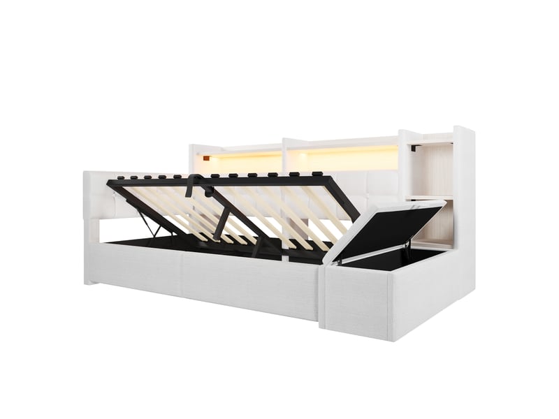  Canapé-lit 90x200 cm, lit enfant, couchage d'appoint, rangement hydraulique, led, usb et usb-c, velours blanc  - Conforama B