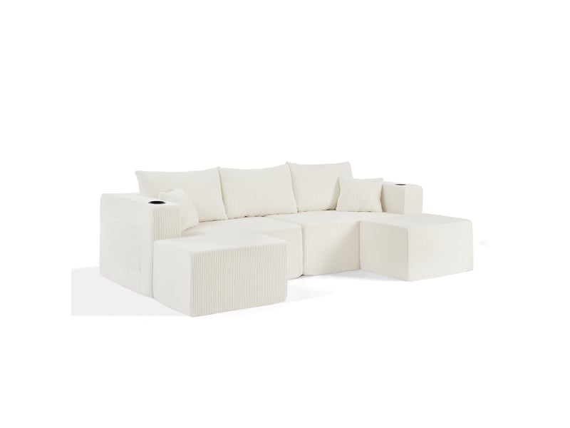Canapé d’angle modulable 3 places avec ottomans - porte-gobelets et poches latérales, velours côtelé beige - Conforama A