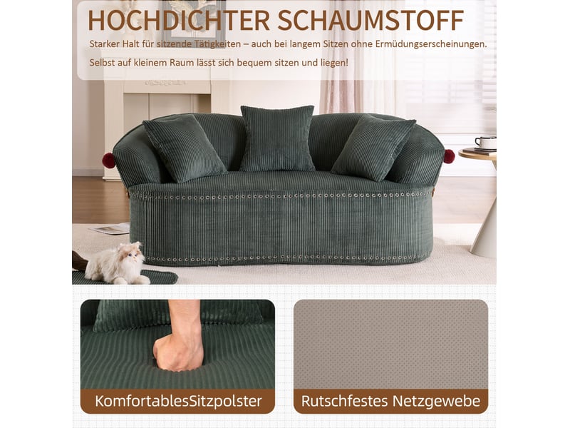  Canapé 2 places velours côtelé vert 163x93x68 cm, silhouette incurvée, 3 coussins inclus  - Conforama D
