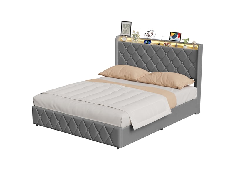  Lit coffre 160x200 cm avec led rgb,usb et type-c, lit double en velours gris ,hydraulique,grand rangement,sommier inclus  - Conforama A
