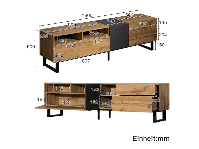  Meuble tv design – 180 cm, rangement xxl, ouverture poussoir, pieds métal noir  - Conforama C