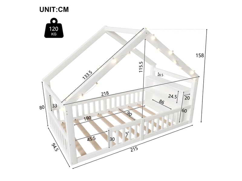  Lit enfant 90x190 cm avec éclairage led et rangements en bois blanc  - Conforama E