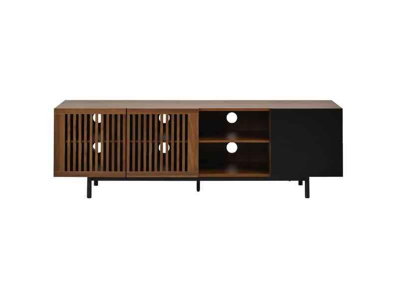  Meuble tv 160 cm en mdf noir et bois naturel – 2 tiroirs, portes à persiennes et niches ouvertes  - Conforama D