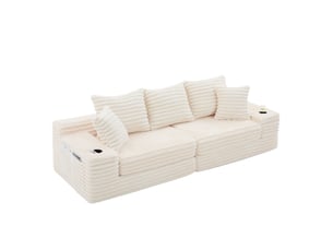 Canapé droit convertible en velours côtelé beige, 3 places, dossier haut, poches et porte-gobelets, salon