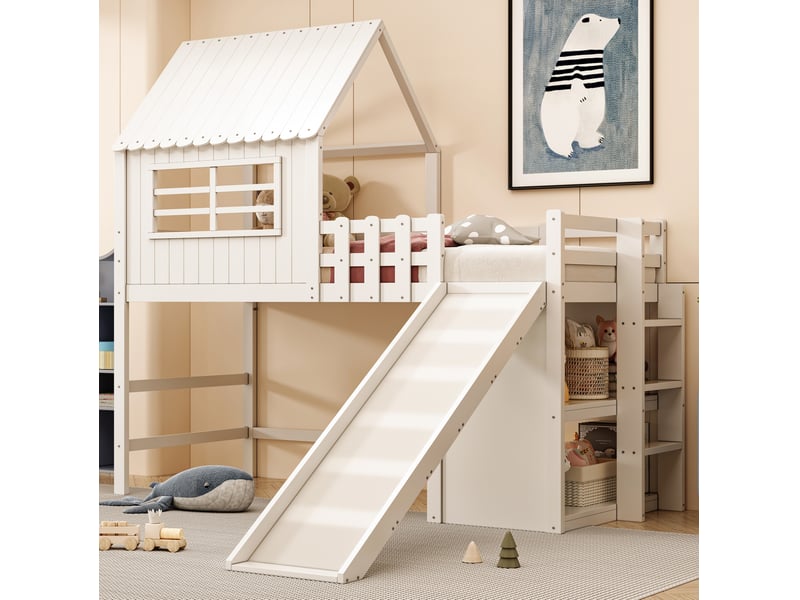  Lit mezzanine enfant 90 x 200 cm blanc en bois et mdf, avec toboggan, échelle et rangements ouverts  - Conforama B