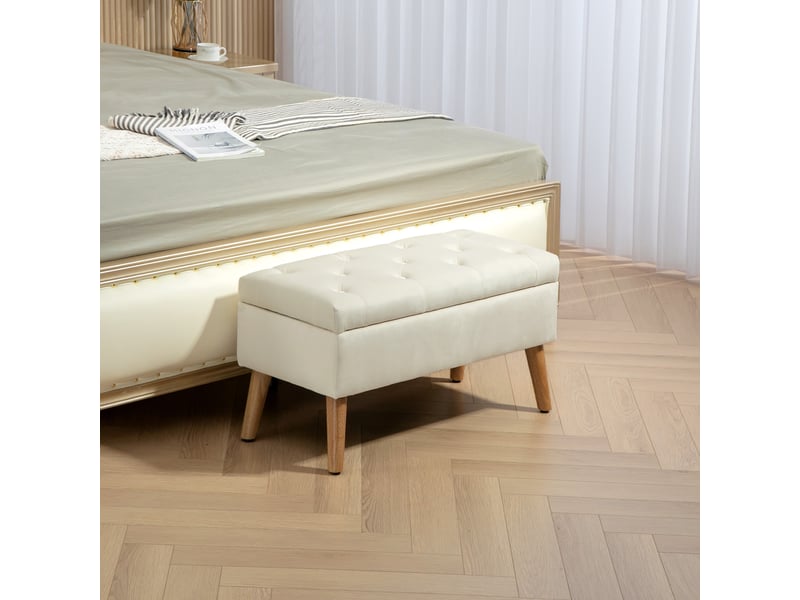  Banc de rangement coffre de rangement tissu effet velours pieds en bois 80 x 35 x 42 cm charge max. 120 kg, crème  - Conforama D