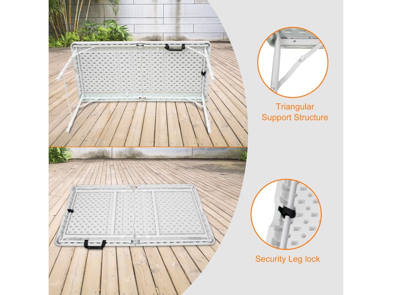  Table pliante portable 125 x 61 cm blanche, hauteur réglable 58-74 cm, avec poignée, pour intérieur et extérieur  - Conforama E