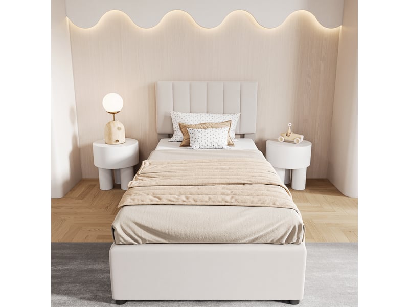  Lit simple rembourré 90x200 cm, lit enfant avec coffre de rangement hydraulique, tête de lit réglable en hauteur, beige  - Conforama C