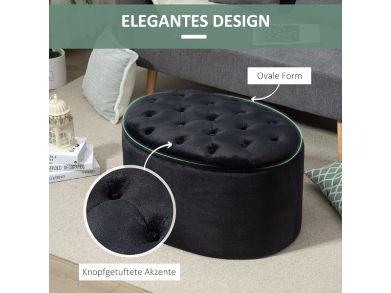  Banc coffre noir ovale 71x52x42 cm, rembourré en polyester effet velours, bois d’hévéa  - Conforama D