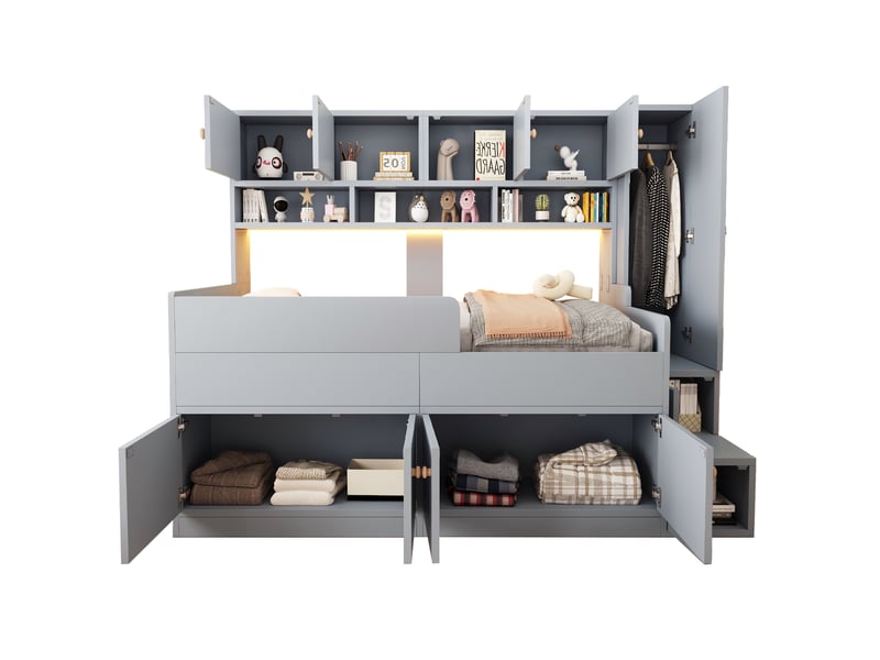  Lit combiné enfant 90x200 cm avec rangements, armoire, led et échelle gris  - Conforama A
