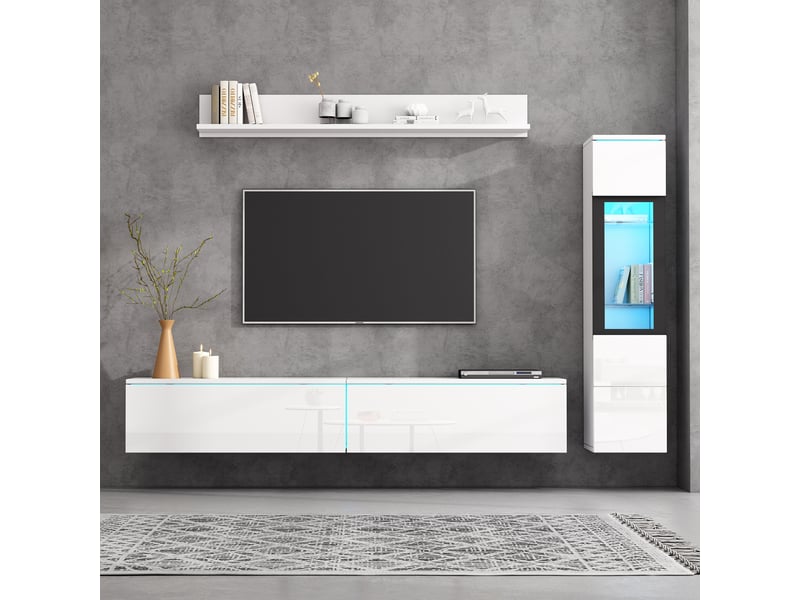  Ensemble meuble tv mural blanc laqué brillant 3 pièces avec éclairage led rgb - 180 cm  - Conforama E