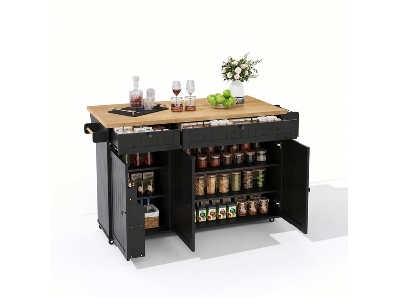  Îlot de cuisine mobile, plateau rabattable, 2 tiroirs, 3 portes, 137 x 70 x 89,5 cm, noir et naturel  - Conforama A
