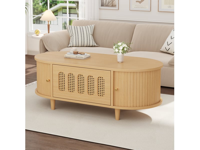  Table basse 100x50x40 cm en mdf, 1 tiroir et 2 portes à rideau, coloris bois naturel  - Conforama B