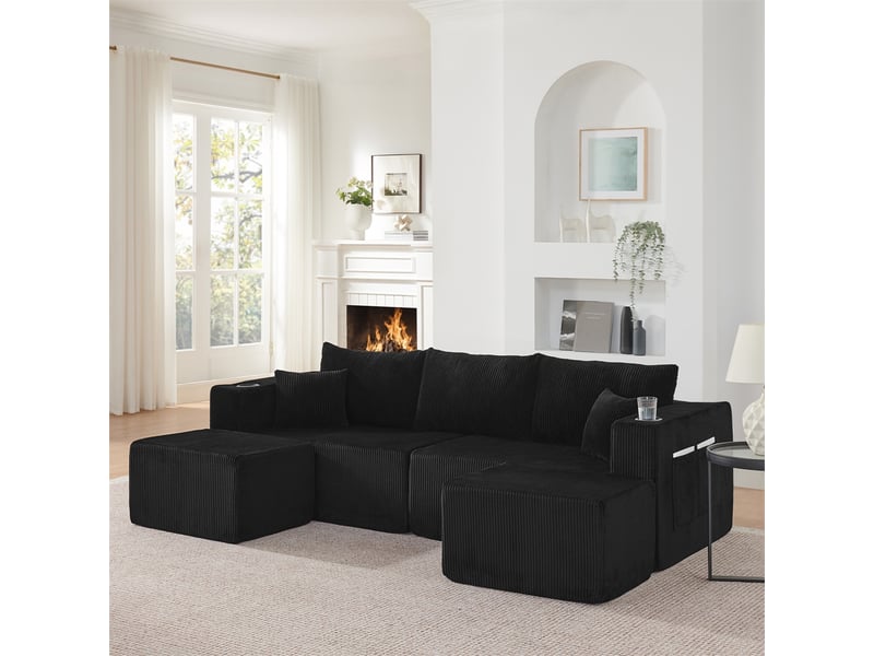  Canapé d'angle modulable - 230x138x75cm - canapé 3 places en velours côtelé avec 2 poufs amovibles et porte-gobelets - noir  - Conforama D