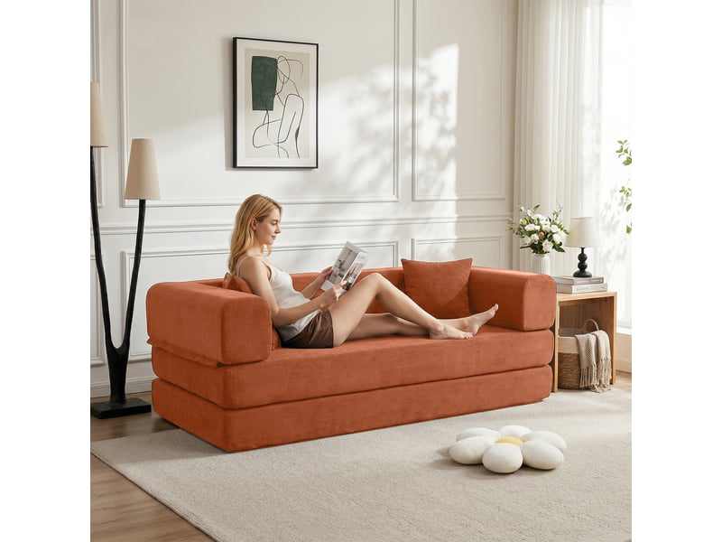  Canapé convertible, canapé-lit, en velours tricoté, orange, pour salon, mobilier pour espace de vie, chambre  - Conforama A