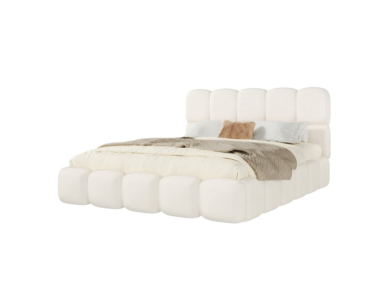 Elvmi lit coffre double 180x200 cm en bouclé blanc avec sommier à lattes, tête de lit rembourrée, rangement hydraulique grande capacité, structure intégrée stable, contours arrondis sécurisés, design élégant et confortable pour … - Conforama E