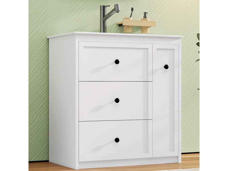 Meuble sous vasque avec 4 tiroirs et double rangement, vasque en céramique, salle de bain, 76×46×82 cm - Conforama B
