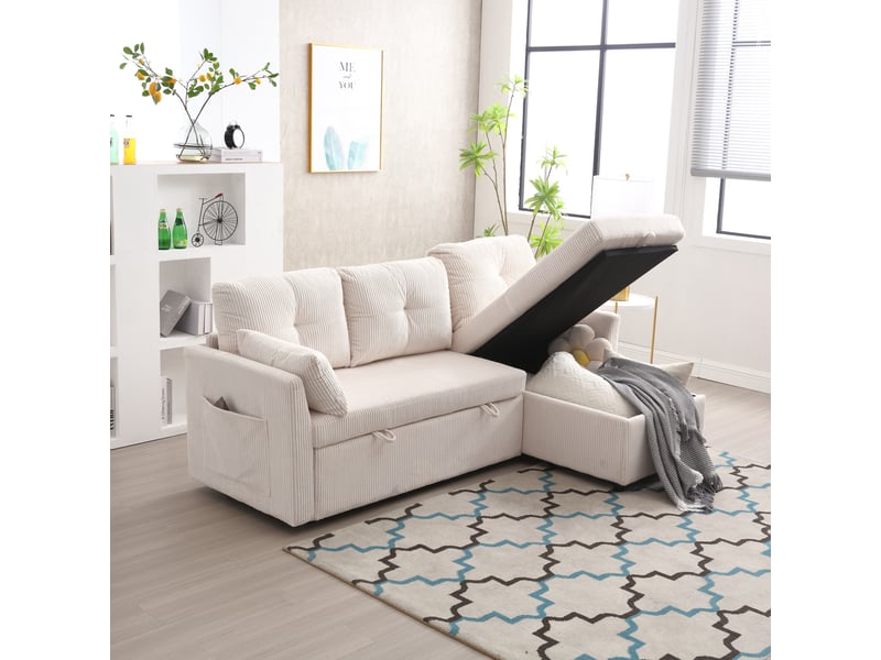  Canapé d'angle convertible modulable 3 places avec rangement et lit gigogne en velours côtelé beige  - Conforama D