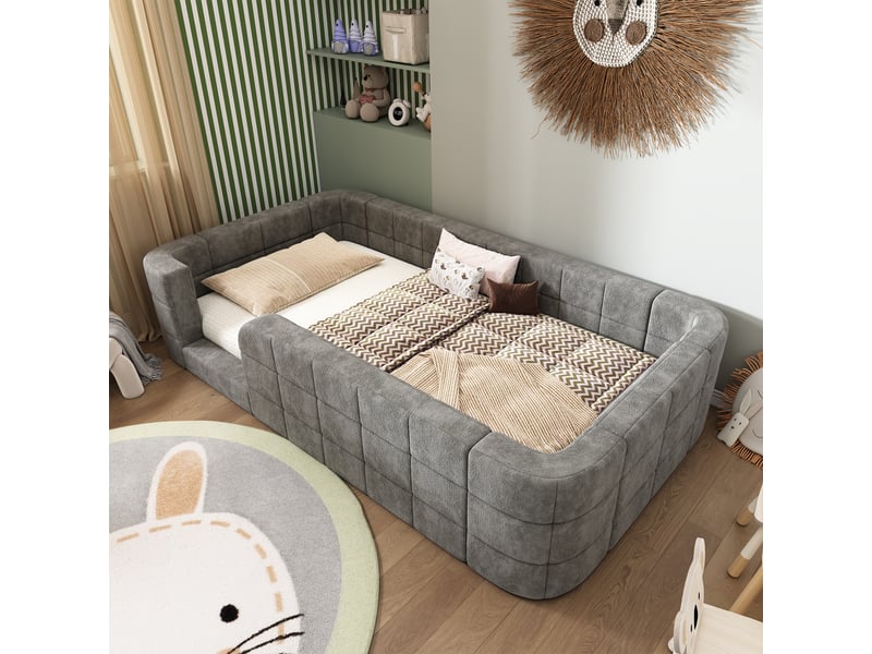  Lit enfant rembourré 90x190 cm bas en chenille gris, avec barre de protection tout autour et sommier à lattes Morn Vibe - Conforama D