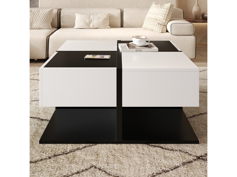  Table basse 70x70x35,5 cm avec 2 tiroirs à glissières silencieuses, pour salon, panneau de particules, noir et blanc  - Conforama B
